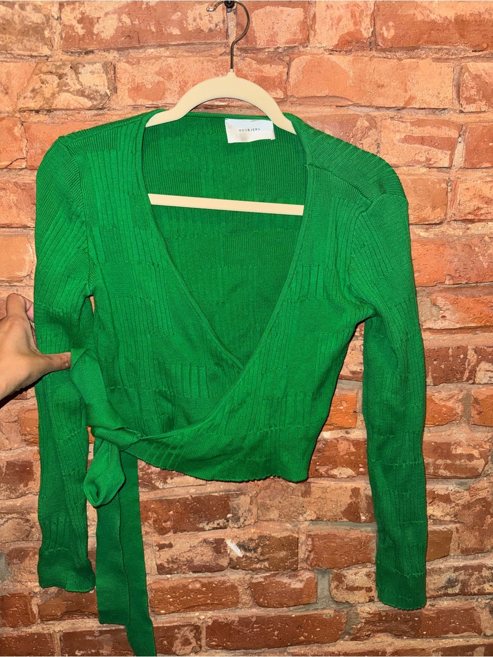 Green Ribbed Wrap V-Neck Sweater